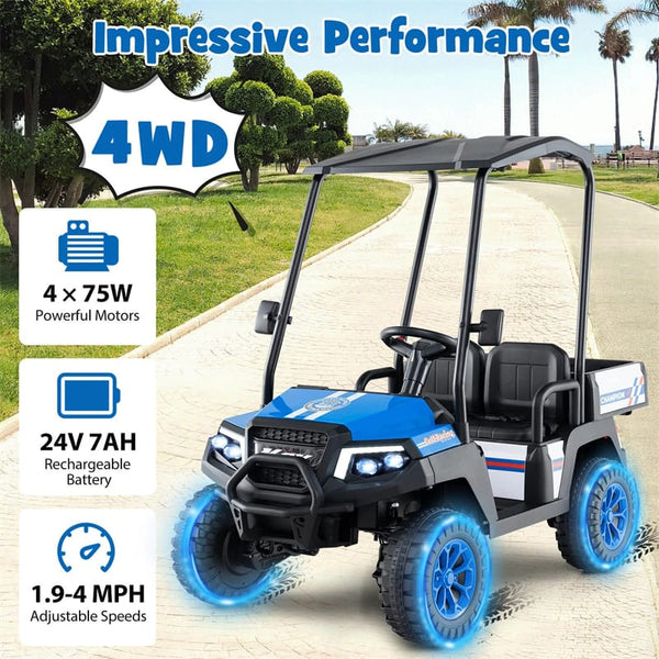 24V 4WD 2-Seater Kids Golf Cart with Sun Shade, Storage Trunk & Remote Control, LED Lights, Electric Ride on Toy Car for Boys Girls Ages 3+