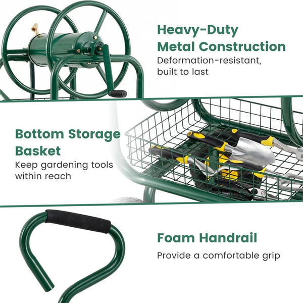 Portable Garden Hose Reel Cart Holds 300FT of 5/8" Large Capacity, Heavy - Duty Metal Hose Cart with 4 Wheels & Storage Basket for Lawn Yard