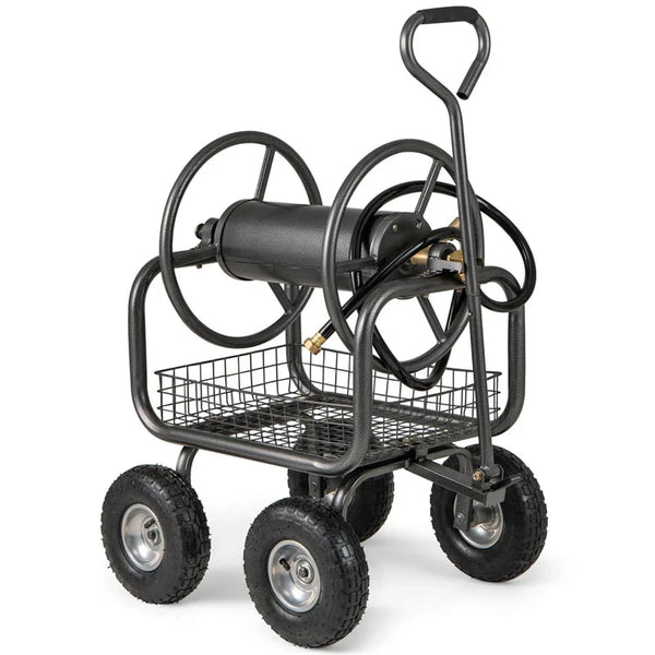Portable Garden Hose Reel Cart Holds 300FT of 5/8" Large Capacity, Heavy - Duty Metal Hose Cart with 4 Wheels & Storage Basket for Lawn Yard