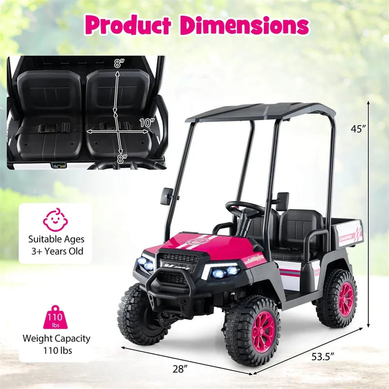 24V 4WD 2-Seater Kids Golf Cart with Sun Shade, Storage Trunk & Remote Control, LED Lights, Electric Ride on Toy Car for Boys Girls Ages 3+