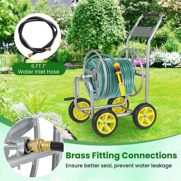 Heavy Duty Metal Garden Hose Reel Cart Holds 300FT of 5/8" Hose with 4 Wheels & Storage Basket, Portable Water Hose Organizer for Yard Lawn