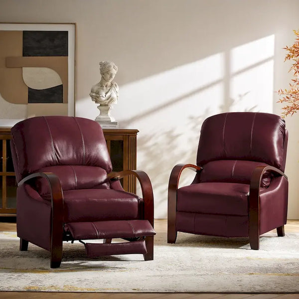 Set of 2 Alex Mid - Century Modern Genuine Leather Manual Recliners with Curved Wooden Arms