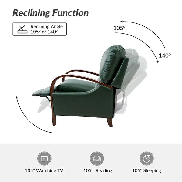 Set of 2 Alex Mid - Century Modern Genuine Leather Manual Recliners with Curved Wooden Arms