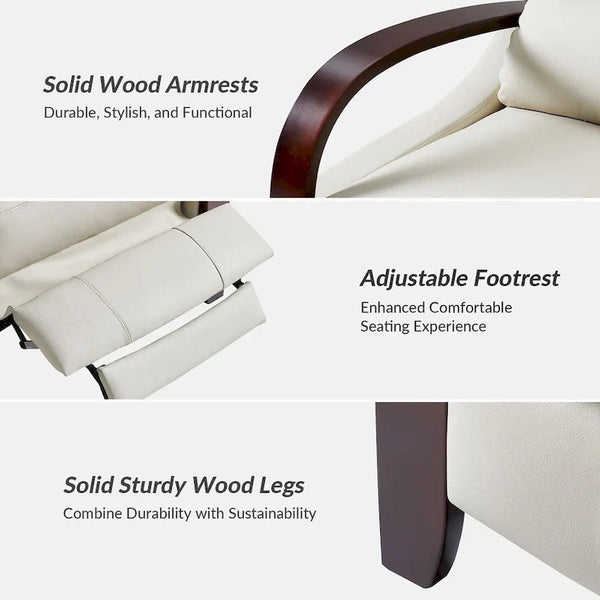 Set of 2 Alex Mid - Century Modern Genuine Leather Manual Recliners with Curved Wooden Arms