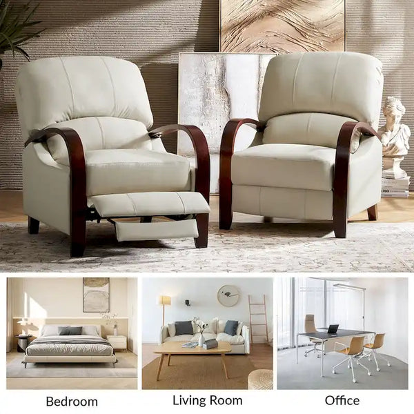 Set of 2 Alex Mid - Century Modern Genuine Leather Manual Recliners with Curved Wooden Arms