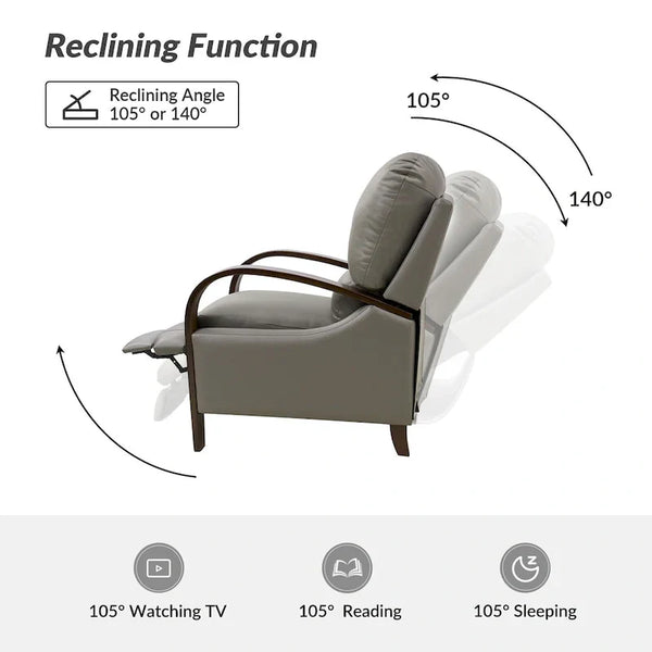 Set of 2 Alex Mid - Century Modern Genuine Leather Manual Recliners with Curved Wooden Arms