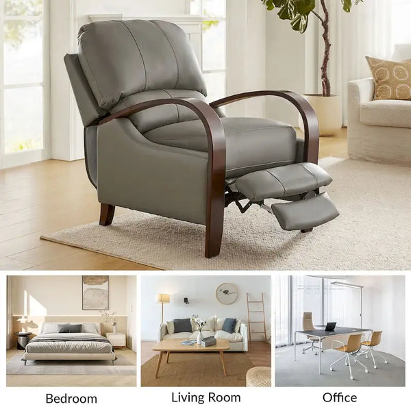 Set of 2 Alex Mid - Century Modern Genuine Leather Manual Recliners with Curved Wooden Arms