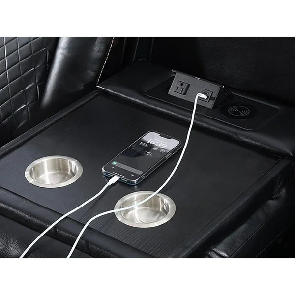 Black Power Reclining Sofa with Wireless Charger, Reading Light, Faux Leather, LED Lighting, AC/USB Ports, and Cup Holder for Living Room