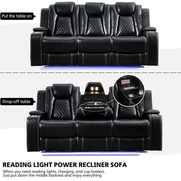 Black Power Reclining Sofa with Wireless Charger, Reading Light, Faux Leather, LED Lighting, AC/USB Ports, and Cup Holder for Living Room