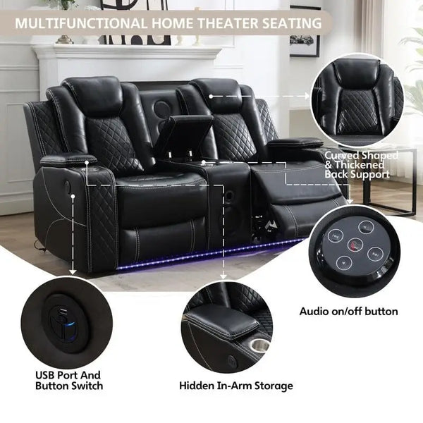 Black Power Reclining Sofa with Wireless Charger, Reading Light, Faux Leather, LED Lighting, AC/USB Ports, and Cup Holder for Living Room
