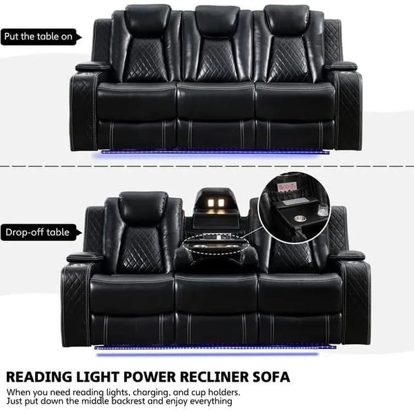 Black Power Reclining Sofa with Wireless Charger, Reading Light, Faux Leather, LED Lighting, AC/USB Ports, and Cup Holder for Living Room