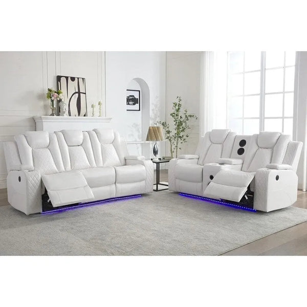 Black Power Reclining Sofa with Wireless Charger, Reading Light, Faux Leather, LED Lighting, AC/USB Ports, and Cup Holder for Living Room