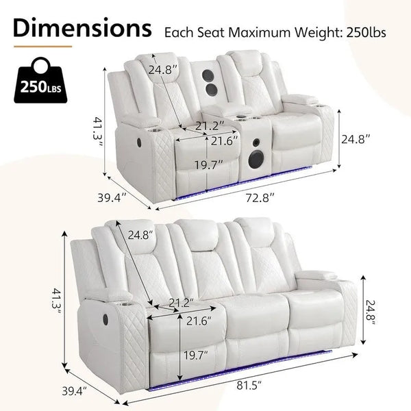 Black Power Reclining Sofa with Wireless Charger, Reading Light, Faux Leather, LED Lighting, AC/USB Ports, and Cup Holder for Living Room