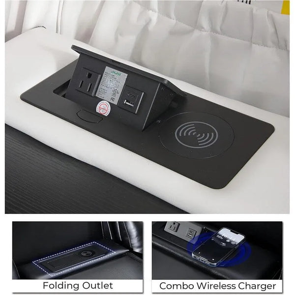 Black Power Reclining Sofa with Wireless Charger, Reading Light, Faux Leather, LED Lighting, AC/USB Ports, and Cup Holder for Living Room