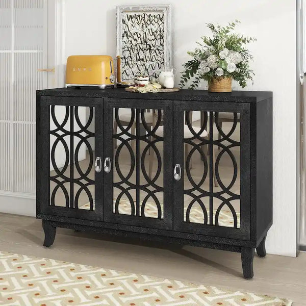 Mirrored Buffet Cabinet with Glass Doors and Silver Handles - 3 - Door Sideboard for Living Room, Hallway, and Dining Room
