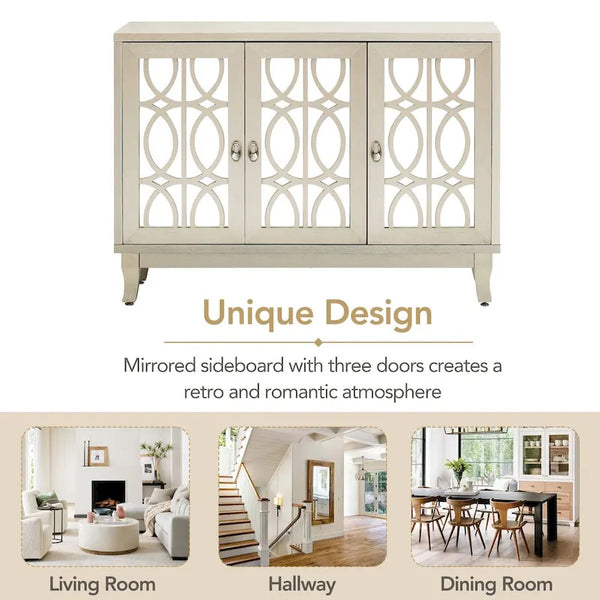 Mirrored Buffet Cabinet with Glass Doors and Silver Handles - 3 - Door Sideboard for Living Room, Hallway, and Dining Room