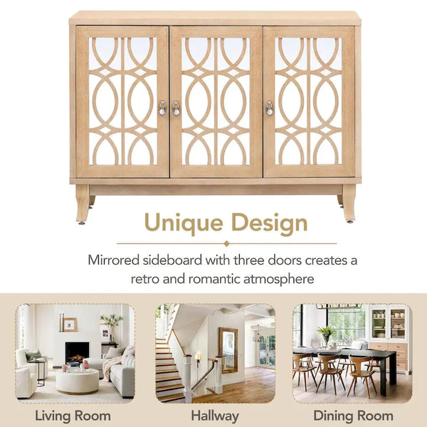 Mirrored Buffet Cabinet with Glass Doors and Silver Handles - 3 - Door Sideboard for Living Room, Hallway, and Dining Room