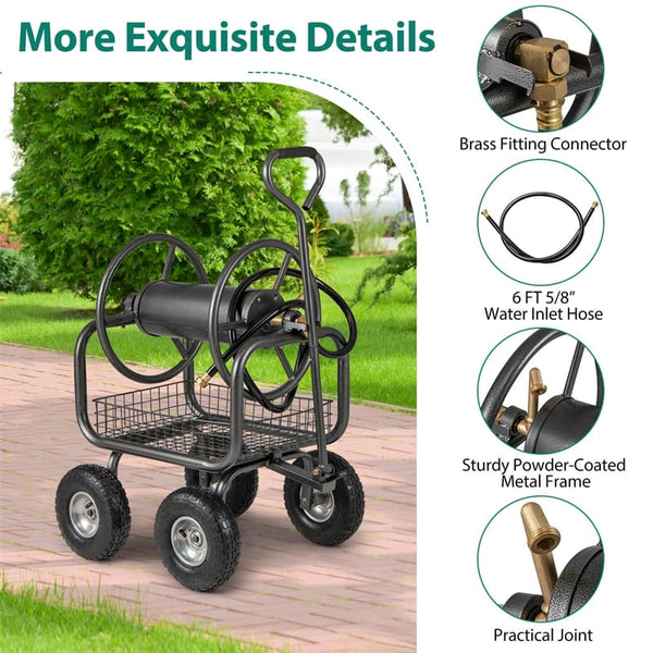 Portable Garden Hose Reel Cart Holds 300FT of 5/8" Large Capacity, Heavy - Duty Metal Hose Cart with 4 Wheels & Storage Basket for Lawn Yard