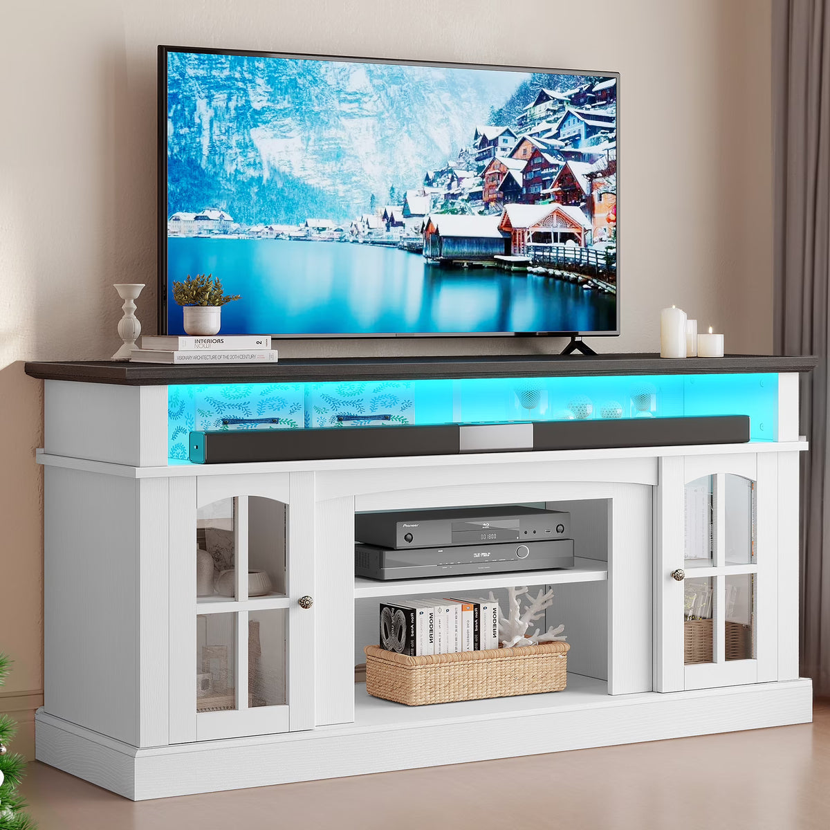 Dextrus Farmhouse LED TV Stand for Tvs up to 65'', Wood TV Media Console Entertainment Center for Living Room, White Main image