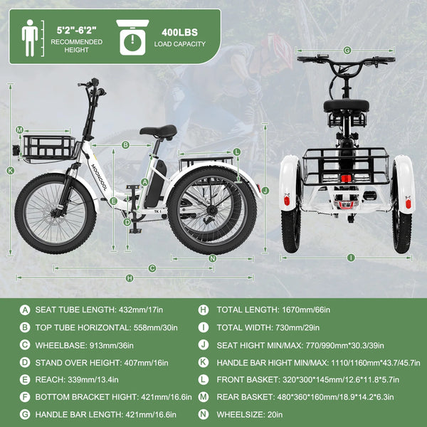 ABORON 3.0 Fat Tire Electric Trike for Senior Foldable E - Bike, 500W Motorized Tricycle Adult 20" Folding 3 Wheel Electric Commute Bike Trike W/48V