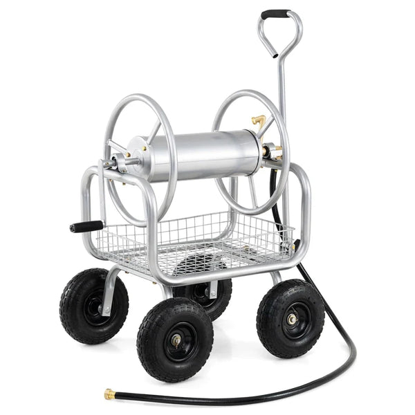 Portable Garden Hose Reel Cart Holds 300FT of 5/8" Large Capacity, Heavy - Duty Metal Hose Cart with 4 Wheels & Storage Basket for Lawn Yard