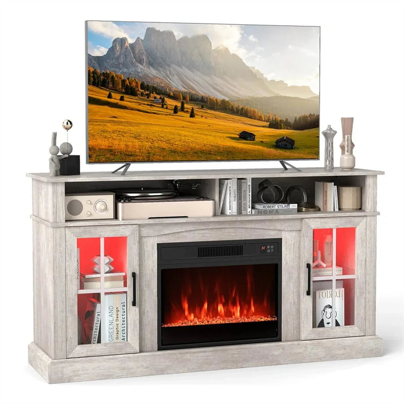 58" Electric Fireplace TV Stand for 65" TVs, Entertainment Center with 28" Fireplace Heater Insert, LED Lights, Remote Control & Storage Main image