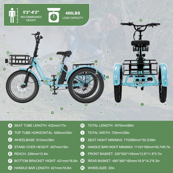 ABORON 3.0 Fat Tire Electric Trike for Senior Foldable E - Bike, 500W Motorized Tricycle Adult 20" Folding 3 Wheel Electric Commute Bike Trike W/48V